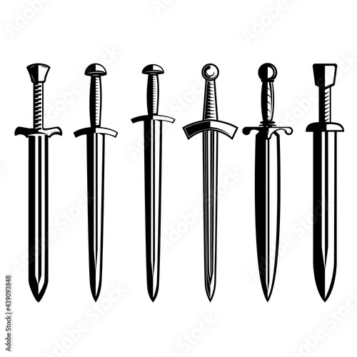 Set of illustrations of medieval swords. Design element for poster, card, banner,emblem, sign. Vector illustration