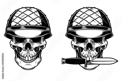 Illustration of soldier skull with knife. Design element for poster, card, banner,emblem, sign. Vector illustration