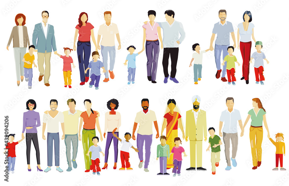 verschiedenen Familien, Eltern und Kinder, Menschengruppen isoliert auf weiß