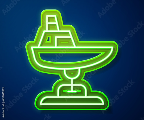 Glowing neon line Swing boat on the playground icon isolated on blue background. Childrens carousel with boat. Amusement icon. Vector