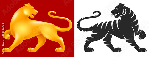 Set of Tiger, zodiac symbol of new year 2022 painted as silhouette and volumetric golden figurine. Isolated on white and red background. Vector illustration.