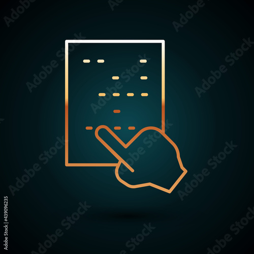 Gold line Braille icon isolated on dark blue background. Finger drives on points. Writing signs system for blind or visually impaired people. Vector