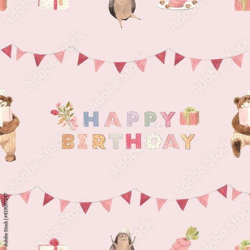 Watercolor illustration bunny girl birthday pink and brown