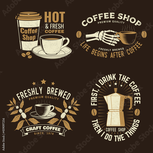 Set of Coffe shop logo, badge template. Vector Typography design with paper coffee cup and branch of coffee tree, skeleton hand silhouette. Template for menu for restaurant, cafe, bar, packaging