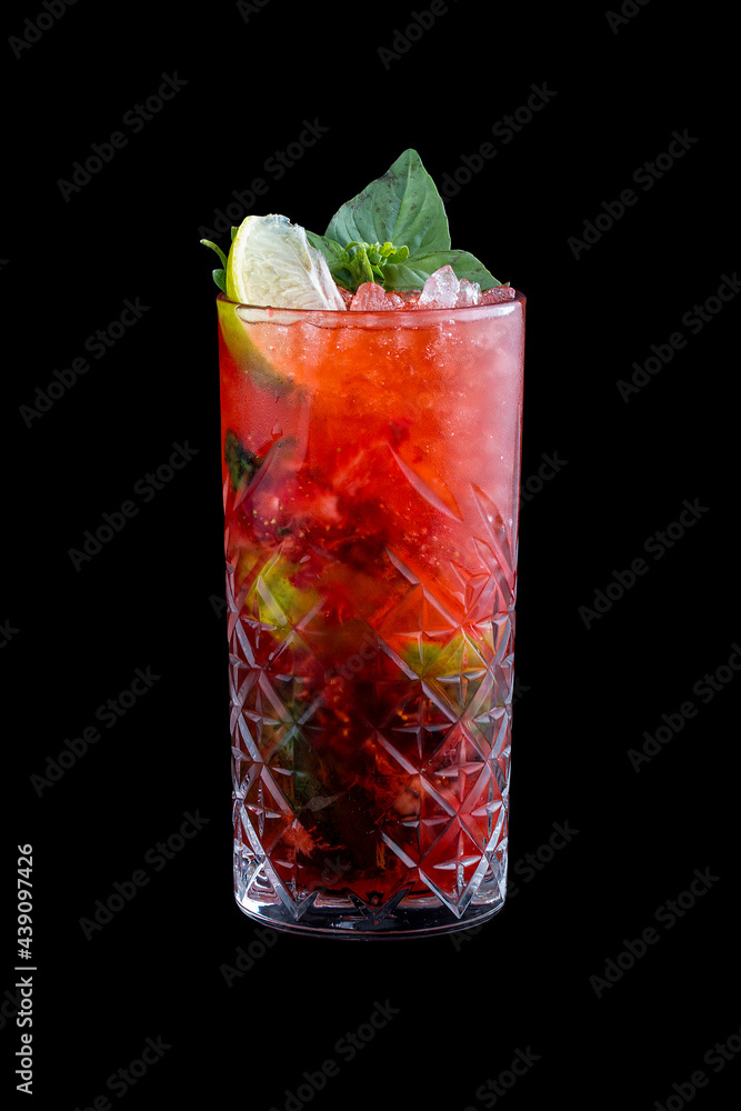 Strawberry summer lemonade on a black background. Isolated Strawberry summer lemonade on a black background. Isolated