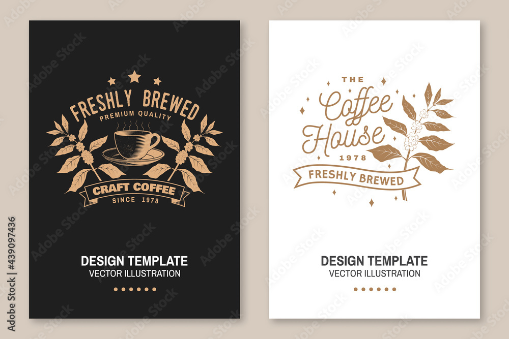 Coffe shop logo, badge template. Vector Flyer, brochure, banner, poster design with coffee cup and branch of coffee tree silhouette. Template for menu for restaurant, cafe, bar, packaging Coffe shop logo, badge template. Vector Flyer, brochure, banner, poster design with coffee cup and branch of coffee tree silhouette. Template for menu for restaurant, cafe, bar, packaging