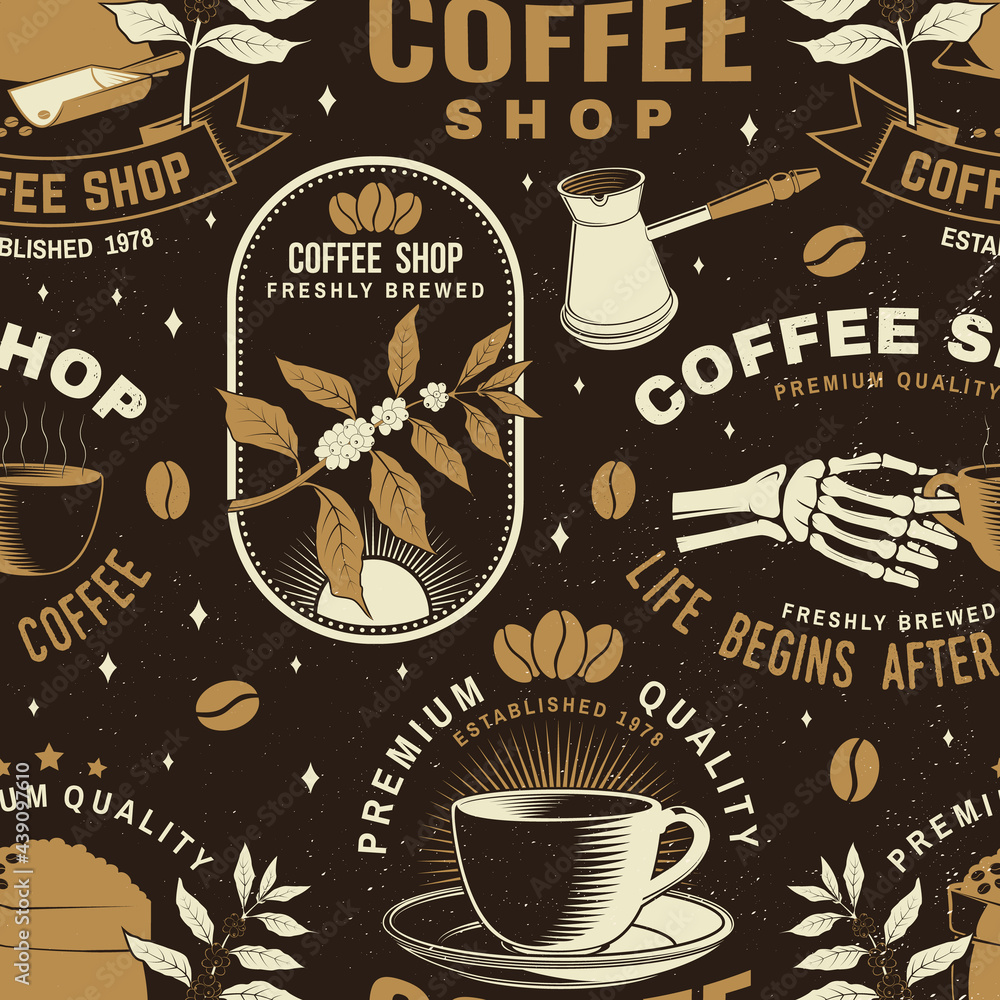 Set of Coffe shop seamless pattern or background. Vector Seamless scene  with paper coffee cup, branch of coffee tree, grinder silhouette. Coffee  shop background for wallpaper or wrapper. Stock Vector | Adobe