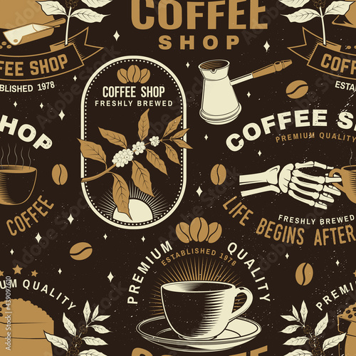 Set of Coffe shop seamless pattern or background. Vector Seamless scene with paper coffee cup, branch of coffee tree, grinder silhouette. Coffee shop background for wallpaper or wrapper.