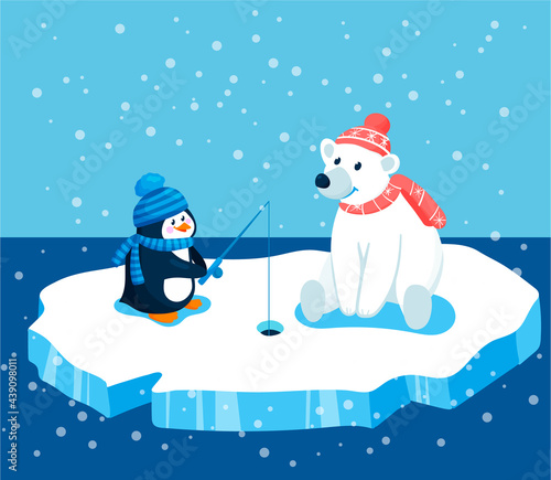 Penguin and polar bear catch fish on ice in the sea on fishing rod. Cute animals in hats and scarves. Children vector illustration about friendship and fishing in cartoon style.