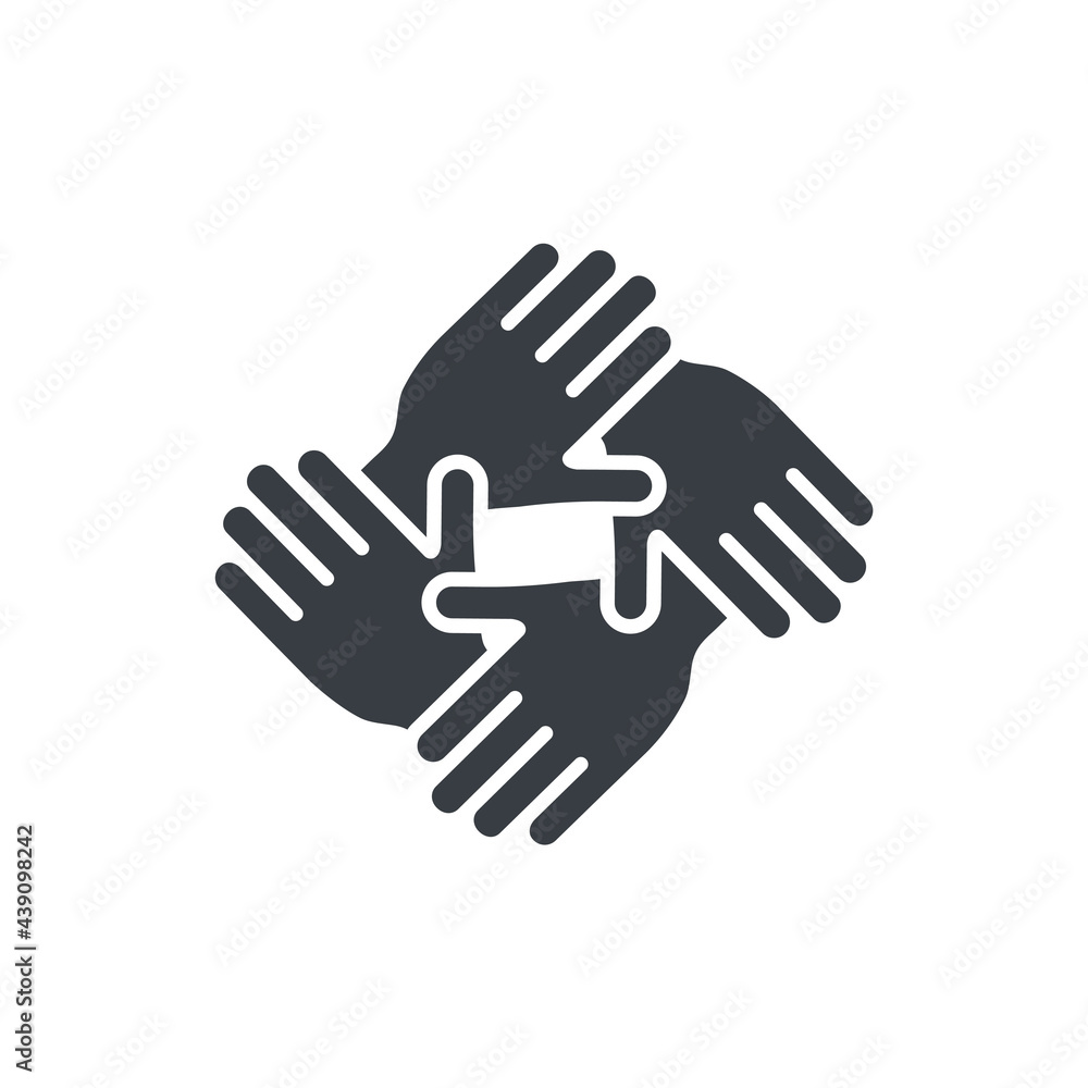 Hands together black icon. Friendship symbol. Business unity pictogram silhouette. Teamwork sign. Vector illustration isolated on white background. Hands together black icon. Friendship symbol. Business unity pictogram silhouette. Teamwork sign. Vector illustration isolated on white background.