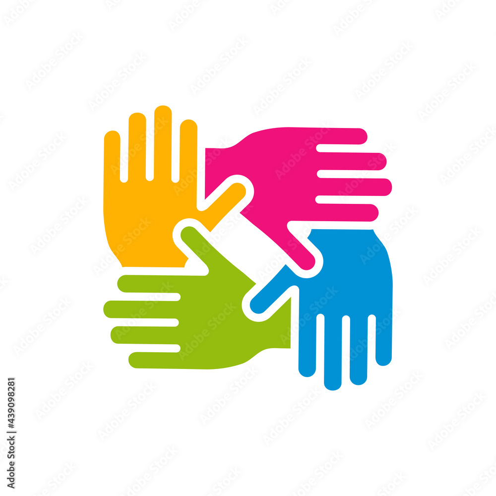 Diversity hands together. Friendship colorful symbol. Business unity pictogram. Teamwork sign. Vector illustration isolated on white background. 