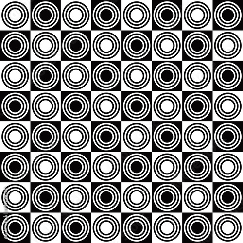 Checkered black and white squares and checkers. 8x8 chessboard with checkers.