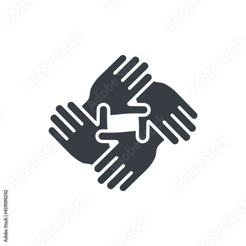 Hands together black icon. Friendship symbol. Business unity pictogram silhouette. Teamwork sign. Vector illustration isolated on white background.