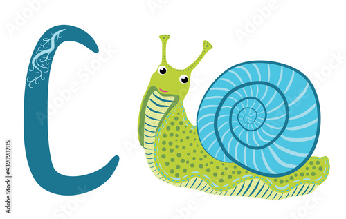 Letter S lowercase cute children colorful zoo and animals ABC alphabet tracing flashcard of Colorful Snail for kids