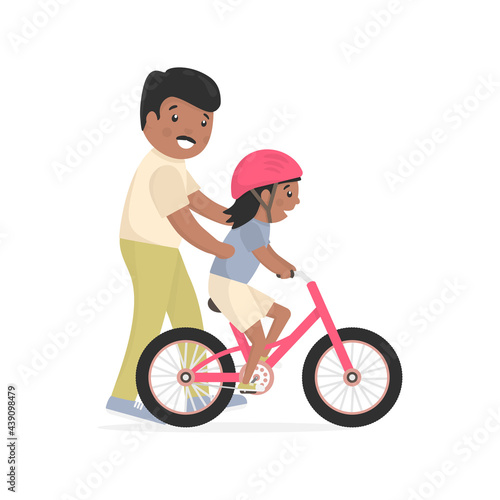 Father teaching daughter to ride bike. Caring African dad help his little child riding bicycle. Small happy American girl on his first pink bike. Vector family illustration isolated on white.