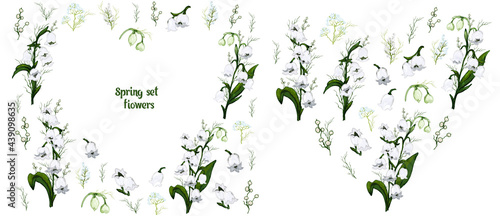 Spring set, a bouquet of lily of the valley flower in the form of a heart. hand-drawn realistic doodles isolated on a white background. Botanical vector illustration for print, paper. vintage style