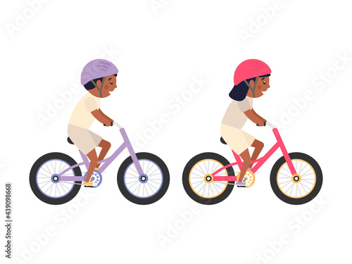 Cute happy American children riding bicycles. African girl and boy ride bikes. Healthy lifestyle. Sport vehicles competition concept. Vector illustration isolated on white