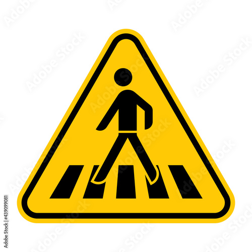 Pedestrian crosswalk road sign. Vector illustration of yellow triangle warning sign with human crossing street icon inside. Pedestrian crossing symbol. Caution people on roadway.