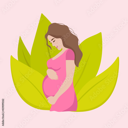 Beautiful pregnant woman with big belly smiles cutely against the background of leaves. Modern vector illustration in flat style.