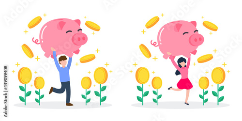 Man and woman carry pink piggy bank with floating coins and money tree. Creative financial concept of savings, wealth, rich, and investment. Simple trendy cute cartoon vector illustration. Flat style.
