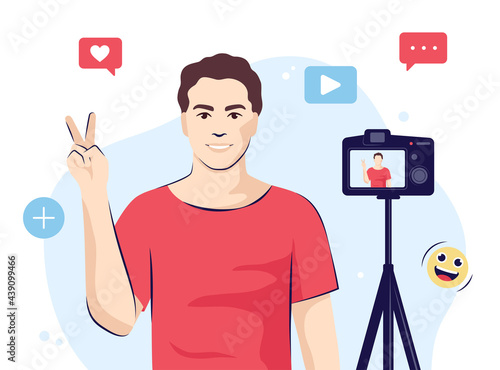 Man talking on a camera, video blogger record 