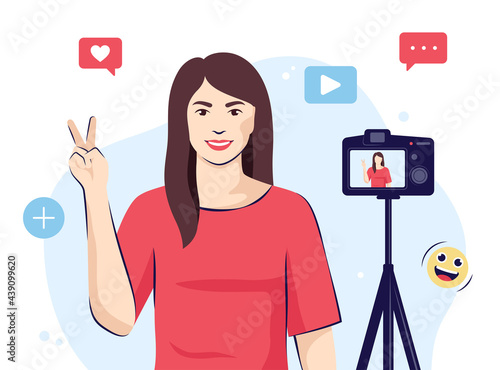 Girl talking on a camera, video blogger record 