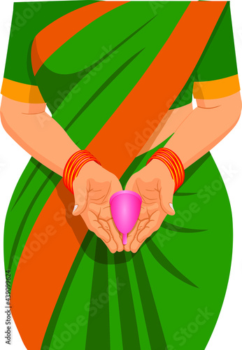 Vector illustration of Menstrualcup,  an Indian  woman hand holding reusable silicon Menstrualcup.