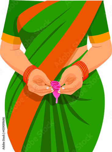 Vector illustration of Menstrualcup,  an Indian  woman hand holding reusable silicon Menstrualcup and showing S-fold.
