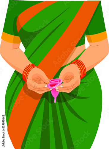 Vector illustration of Menstrualcup,  an Indian  woman hand holding reusable silicon Menstrualcup and showing C-fold.