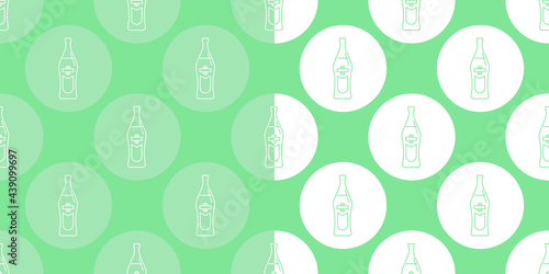 Two view seamless pattern of bottle of vermouth in flat style in form of thin lines. In the form of background is circle of color drinks. Wallpaper pattern beverages. Template for restaurant pub party