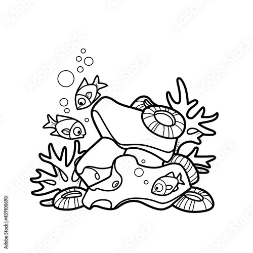 Corall with stones linear drawing for coloring book isolated on white background