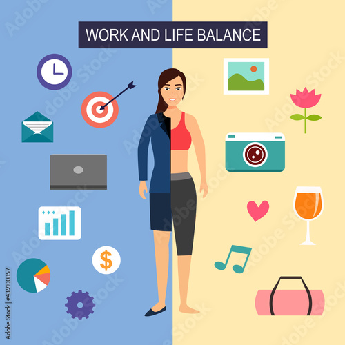Work and life balance concept vector illustration. Half woman in suit with business icon and another half woman with relaxing activities icon in flat design.