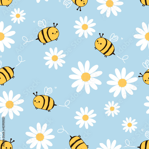 Seamless pattern with daisy flower and cute bee cartoons on blue background vector illustration. © Thanawat