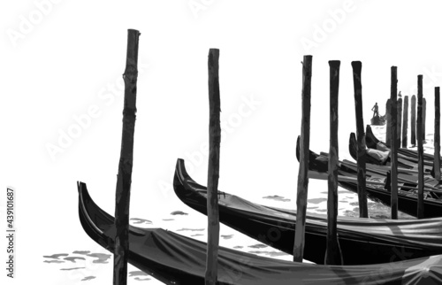 The gondolas are at the pier covered with cloth. A boat is sailing in the distance, driven by a gondeler. A bird sits on a pole. Illustration. Vector, eps10.