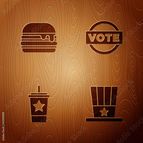 Set Patriotic American top hat, Burger, Paper glass with straw and Vote on wooden background. Vector
