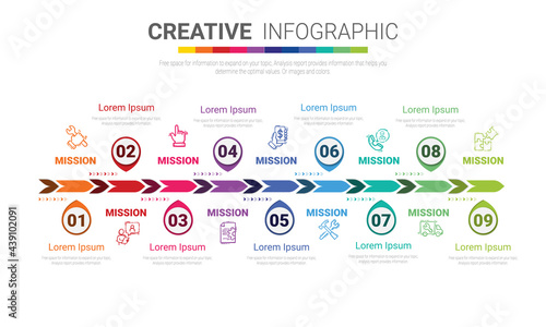 Vector Infographic design with 9 options or steps. Infographics for business concept. Can be used for presentations banner, workflow layout, process diagram, flow chart, info graph