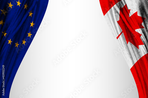 Flag of Europe and Canada with theater effect. 3D illustration