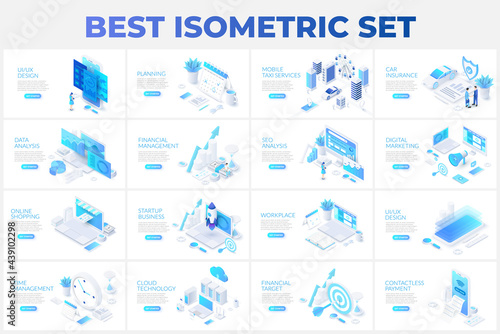 Large set of isometric illustrations with characters for landing page, advertisement or presentation. Data analysis, management, SEO, online shopping and startup business