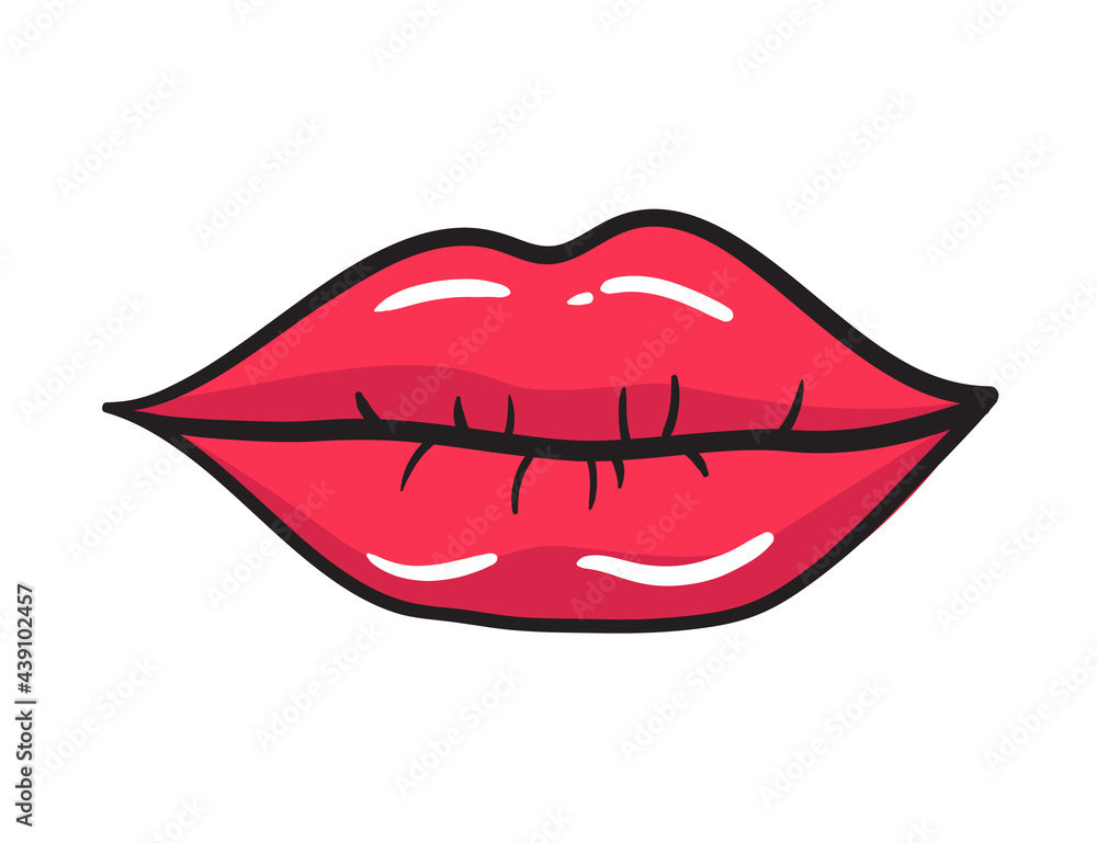 Comic female red lips sticker. Women mouth with lipstick in vintage comic style. Rop art retro illustration Comic female red lips sticker. Women mouth with lipstick in vintage comic style. Rop art retro illustration