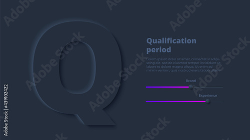 Vector dark neumorphic infographic. Presentation slide template. Business infographics concept with letter Q and place for your text