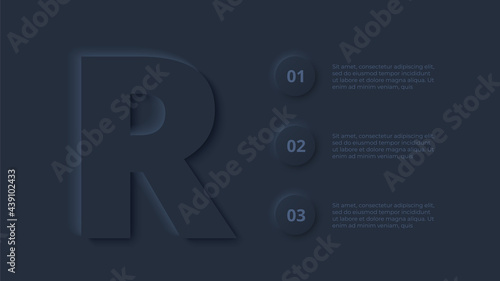Vector dark neumorphic infographic. Presentation slide template. Business infographics concept with letter R and place for your text