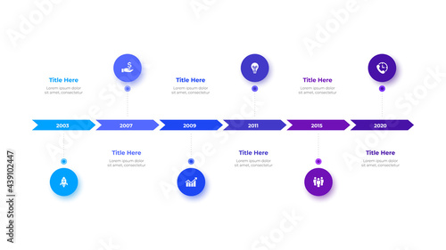 Infographic timeline design template. Business data visualization with 6 options, parts, steps or processes. Can be used for workflow layout, diagram or presentation