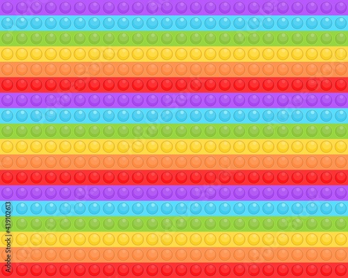 Pop it seamless pattern. Colorful antistress sensory toy fidget push pop it. Pop bubble silicone toy background. Fun simple dimple game rainbow vector illustration.