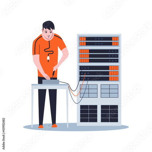 Sysadmin maintaining or repairing server. Maintaining work, repairing and adjusting network connection. Technical engineer work on system maintenance