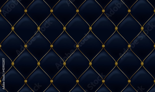 Abstract polygonal pattern luxury dark blue with gold thread and beads. Dark blue leather sofa texture background. Decorative Upholstery Soft Gloss Quilted Background. Vector illustration EPS10