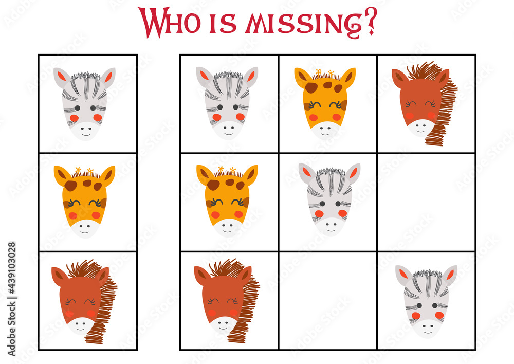 Sudoku game for children with pictures. Kids activity sheet. cute African animals Sudoku game for children with pictures. Kids activity sheet. cute African animals