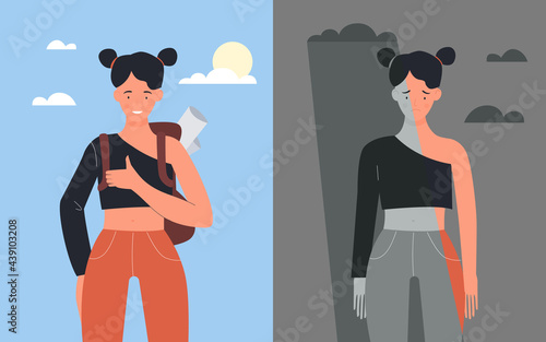 Good and bad mood of girl student vector illustration. Cartoon happy positive female character showing okay gesture, standing in sunny weather, unhappy sad depressed young woman under rain background