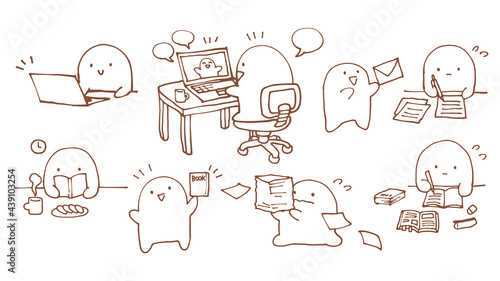 仕事をするシンプルなかわいい生き物のイラストセット　手描き　落書き　ビジネスマン　リモート会議
