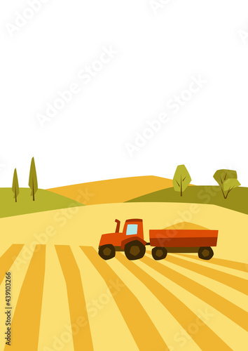 Illustration of harvested agricultural field. Autumn landscape with trees and hills.