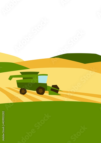 Combine harvester on wheat field. Agricultural illustration farm rural landscape.
